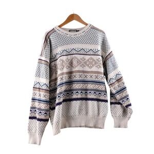 Vintage Windsor Shirt Company Men XL Fair Isle Knit Sweater Cream Blue Brown USA